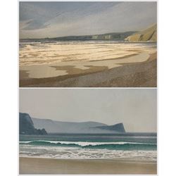 Michael Fairclough (British 1940-): 'Church Cove and Mullion Island' and 'Towards Solva - Newgale Sands', pair coloured etchings with aquatint signed and numbered in pencil pub. Christie's Contemporary Art, certificates verso 39cm x 30cm (2)