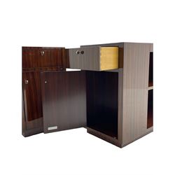 Ralph Lauren - pair 'Metropolis' Art Deco design end-tables, rosewood finish box frame with smoke glass inset, each fitted with cupboard, drawer and shelf