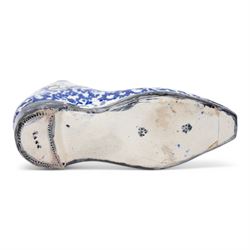 19th century Scottish pearlware flask in the form of a boot with sponged blue decoration 16cm x 19cm