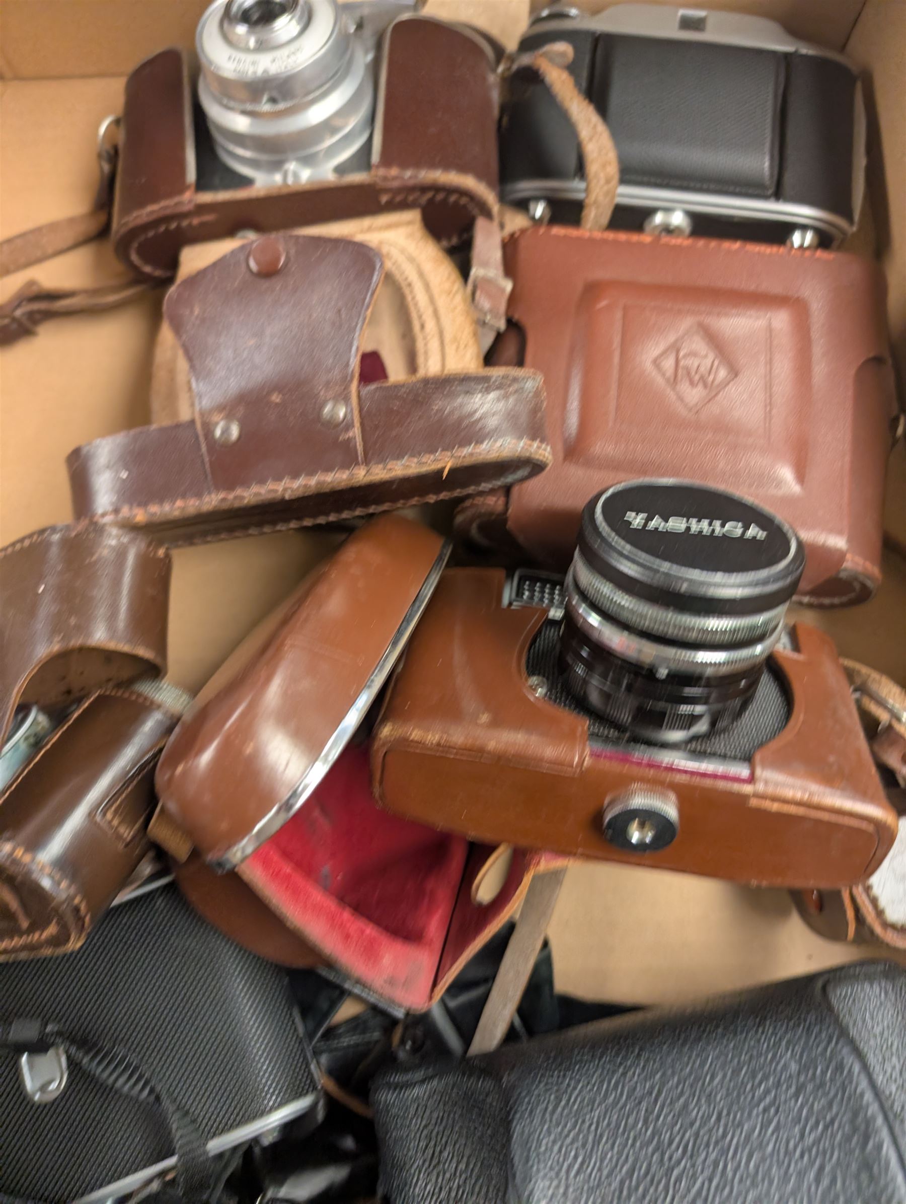 Eight vintage cameras, including Yashica MG-1, Yashica Lynx 1000, Koroll 24 S, Paxette and Fujifilm X10