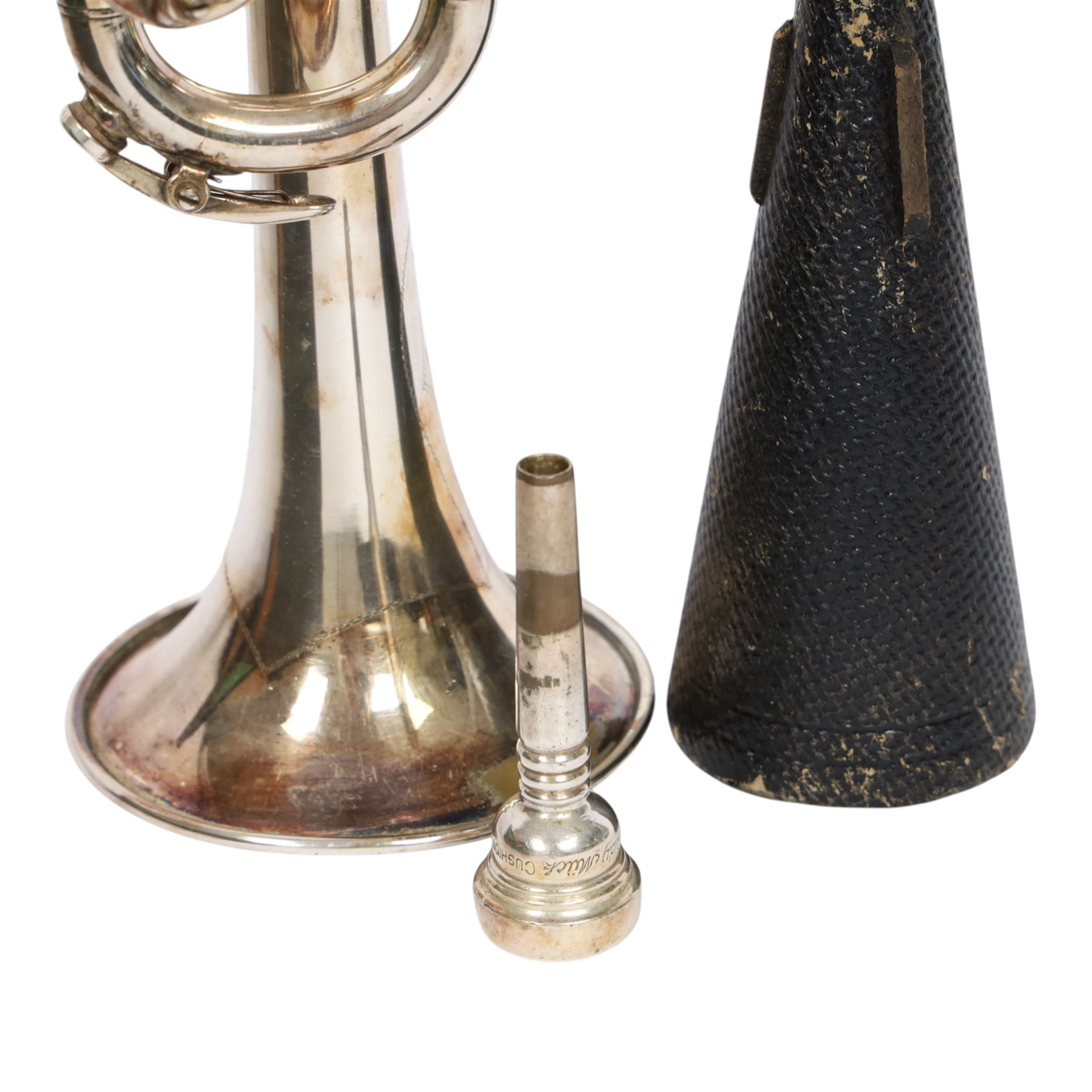 Early/mid 20th century silver plated trumpet by Keith Prowse & Co Ltd London, with Rudy Muck Cushion rim mouth piece, contained within a fitted case