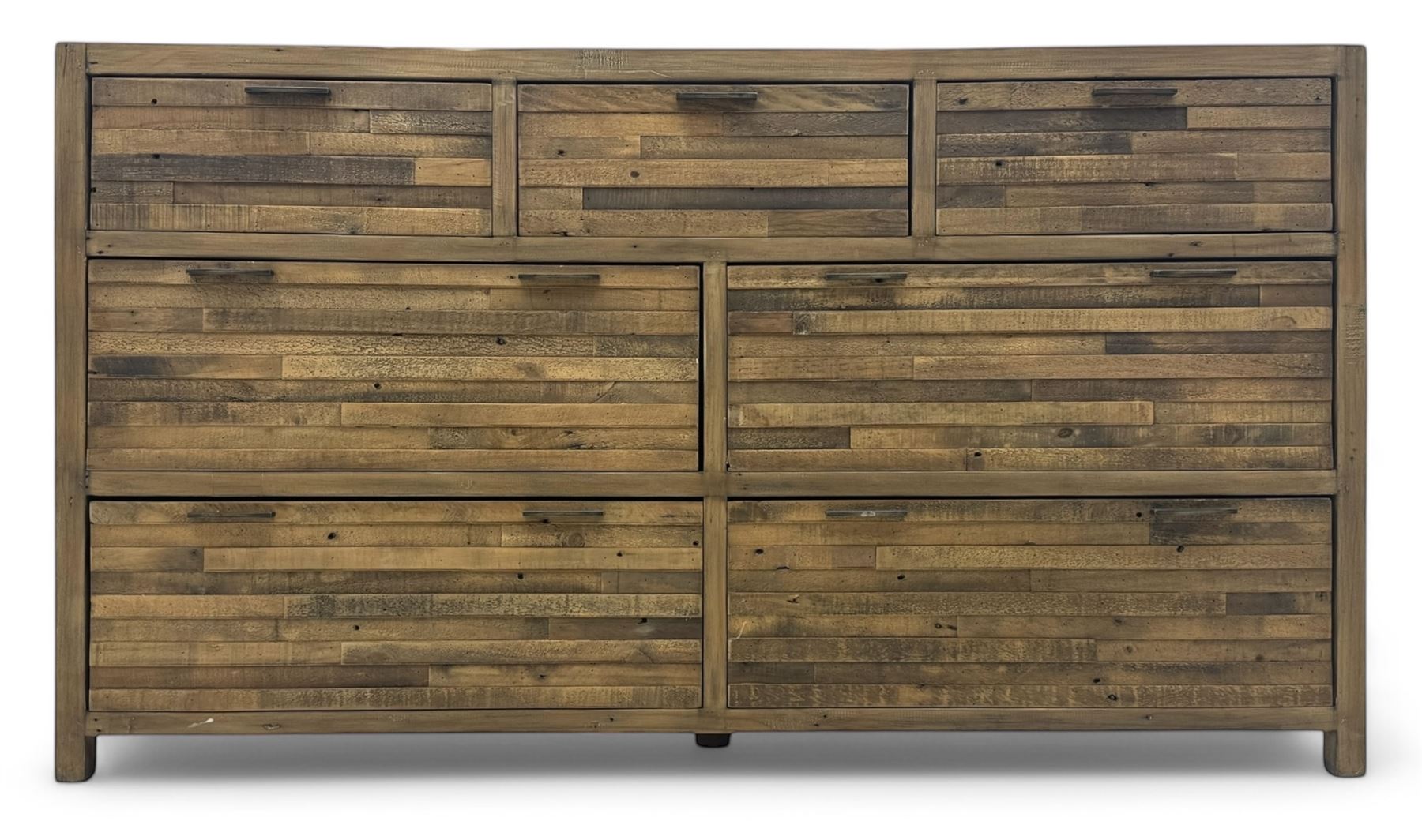 Barker & Stonehouse - contemporary 'Charlie' reclaimed wood chest, rectangular plank top over three short and four long drawers, raised on square supports