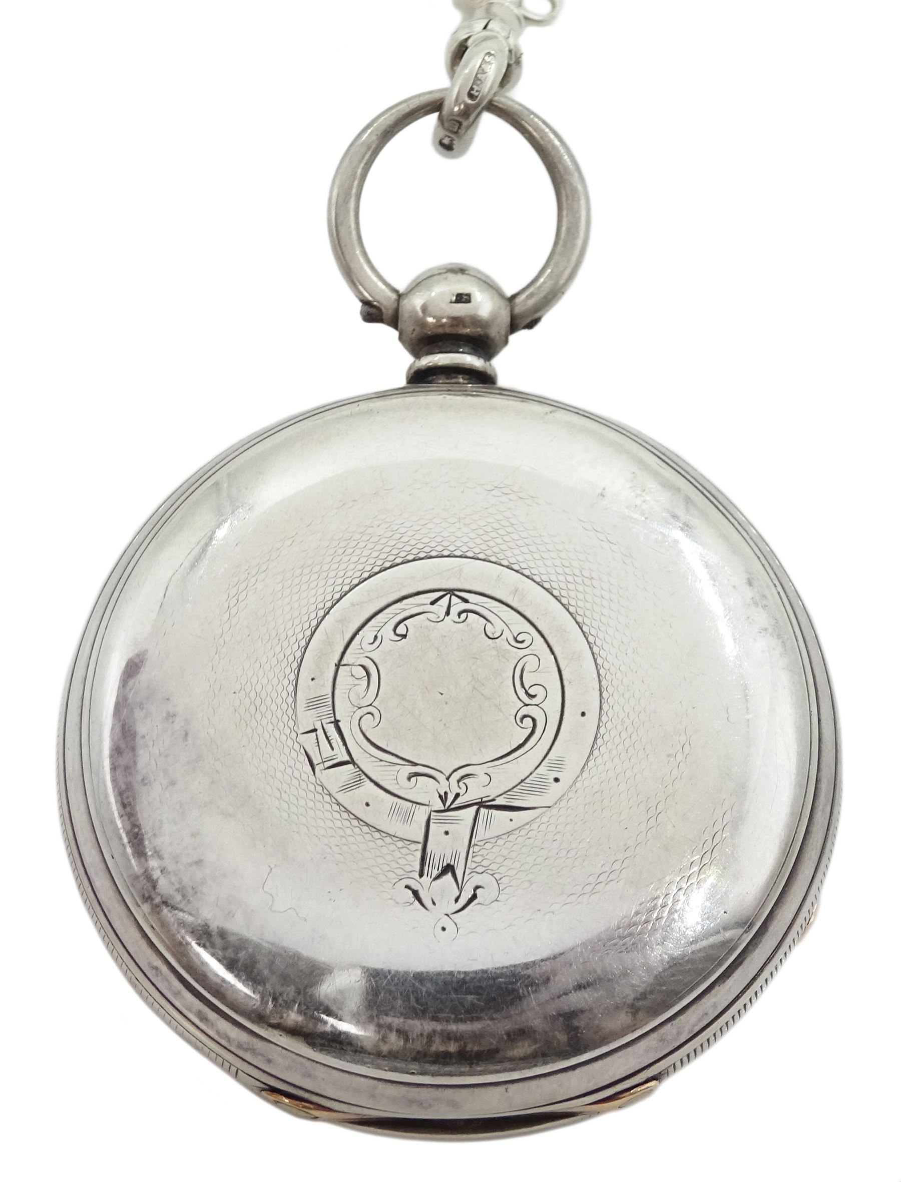 Victorian silver open face fusee lever pocket watch by Adam Burdess, Coventry, No. 11084, white enamel dial with Roman numerals and subsidereary seconds dial, case makers mark IH (possibly John Harris), London 1877, on later silver Albert chain with clip