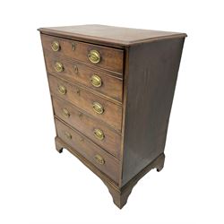George III mahogany secretaire chest, fall-front drawer with red leather inset writing surface enclosing fitted interior, over three graduating cock-beaded drawers, raised on bracket feet
