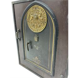 Millers large Victorian cast iron safe, green painted brass handles, with two keys 