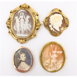  Victorian swivel cameo photograph brooch length 7cm, two similar cameo brooches and a rose coloured miniature frame (4)  