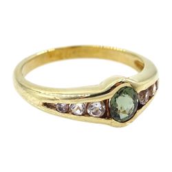 9ct gold oval green and white tourmaline ring, hallmarked