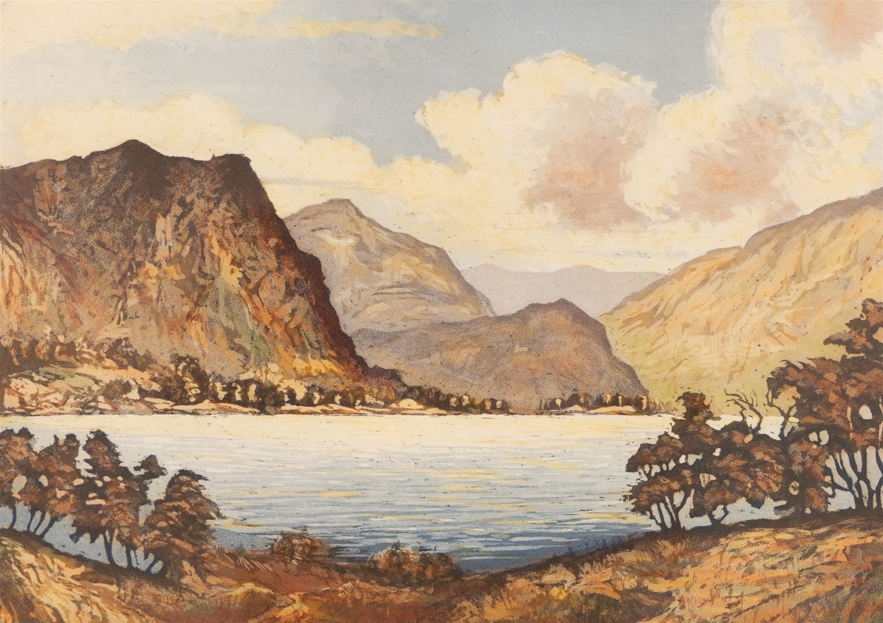 Winston Megoran (British 1913-1971): 'Autumn', coloured etching signed and titled on pencil, 29cm x 34cm; Joseph Frank Pimm (British 1900-1979): 'Derwent Water', coloured etching signed and titled in pencil 25cm x 35cm (2)