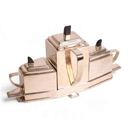 Art Deco silver plated tea set, in the manner of Christopher Dresser, within a fitted tray H23cm