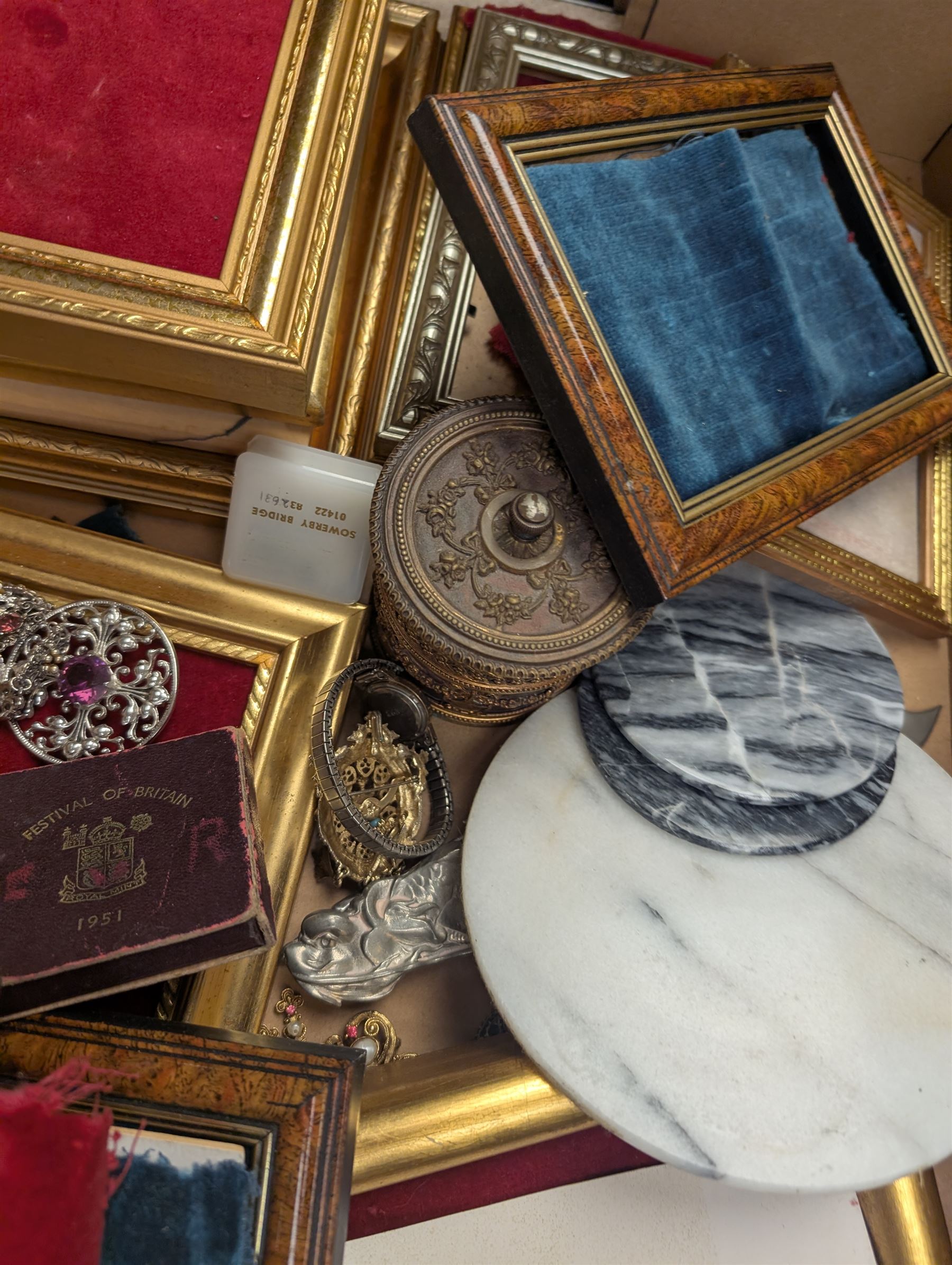 Brass easels, onyx box, frames, costume jewellery, pen nibs, etc, in two boxes