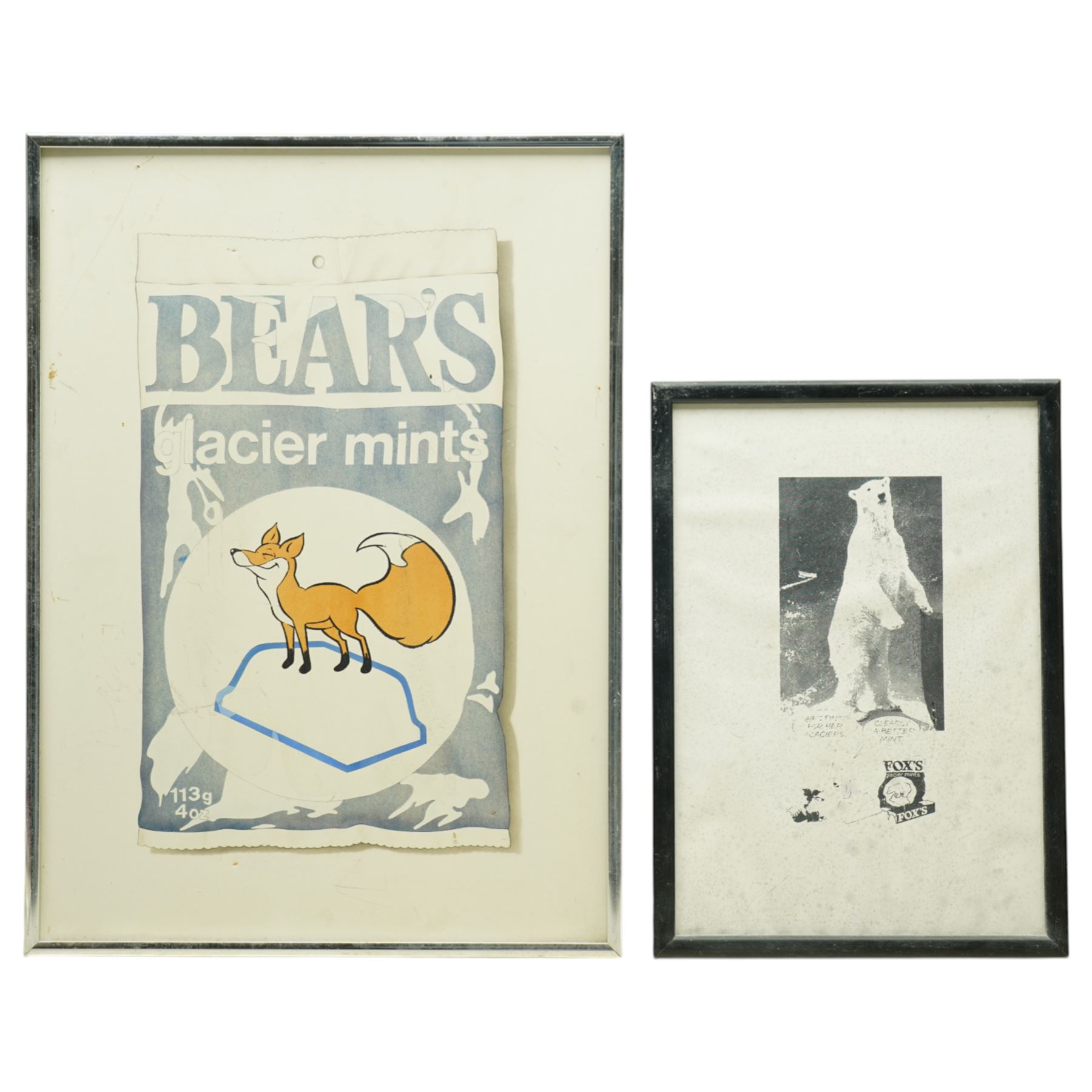 Original Rowntree Mackintosh (Rowntrees) advertising poster for Fox's Mints - 'Bear's glacier mints', humorous subversive colour poster depicting a fox standing atop a mint with 'Bear's' as the title logo, together with another similar max 44cm x 32cm (2)
Provenance: from the personal collection of David Lamb, former advertising manager at Rowntree Mackintosh, York