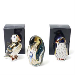 Three Royal Crown Derby paperweights, comprising Puffin with gold stopper, Rockhopper peng...