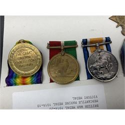 Representative display of five WWI Campaign Stars and Medals to different recipients comprising 1914 'Mons' Star to 13800 Gnr. R. Pexman R.F.A.; 1914-15 Star to TS822 F. Bage T.R. R.N.R.; British War Medal to 90461 Dvr. A.A. Cross R.A.; Mercantile Marine Medal to Patrick J. Magrath; and Victory Medal to 2657 Cpl. W.R. Kenny Norf. Yeo.; all with ribbons (5)