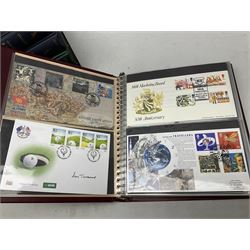 Stamps including first day covers relating to Diana Princess of Wales, small number of coin covers, Mercury 'Silk' covers, other first day covers many with printed address and special postmarks, Australia, Barbados, British Honduras, Germany, Jamaica and other World stamps, housed in albums, folders and loose, in one box