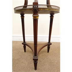  20th century French gilt metal mounted walnut two-tier jardiniere stand, varigated inset marble top with pierced brass gallery on three moulded curved brackets, the three stop fluted tapering supports joined by a trefoil undertier on twist turned tapering feet, H88cm,  D39cm (MAO100320)  