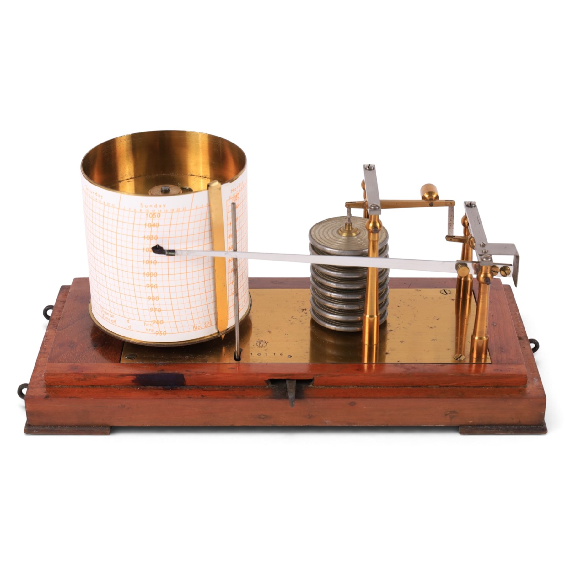 20th century French barograph, stamped 'RF BREVETES SGDG PARIS', in wooden carry case with glazed front panel, H16cm, W29cm