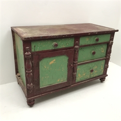 Victorian painted pine dresser base, four graduating drawers, single cupboard, turned supports, W135cm, H89cm, D62cm