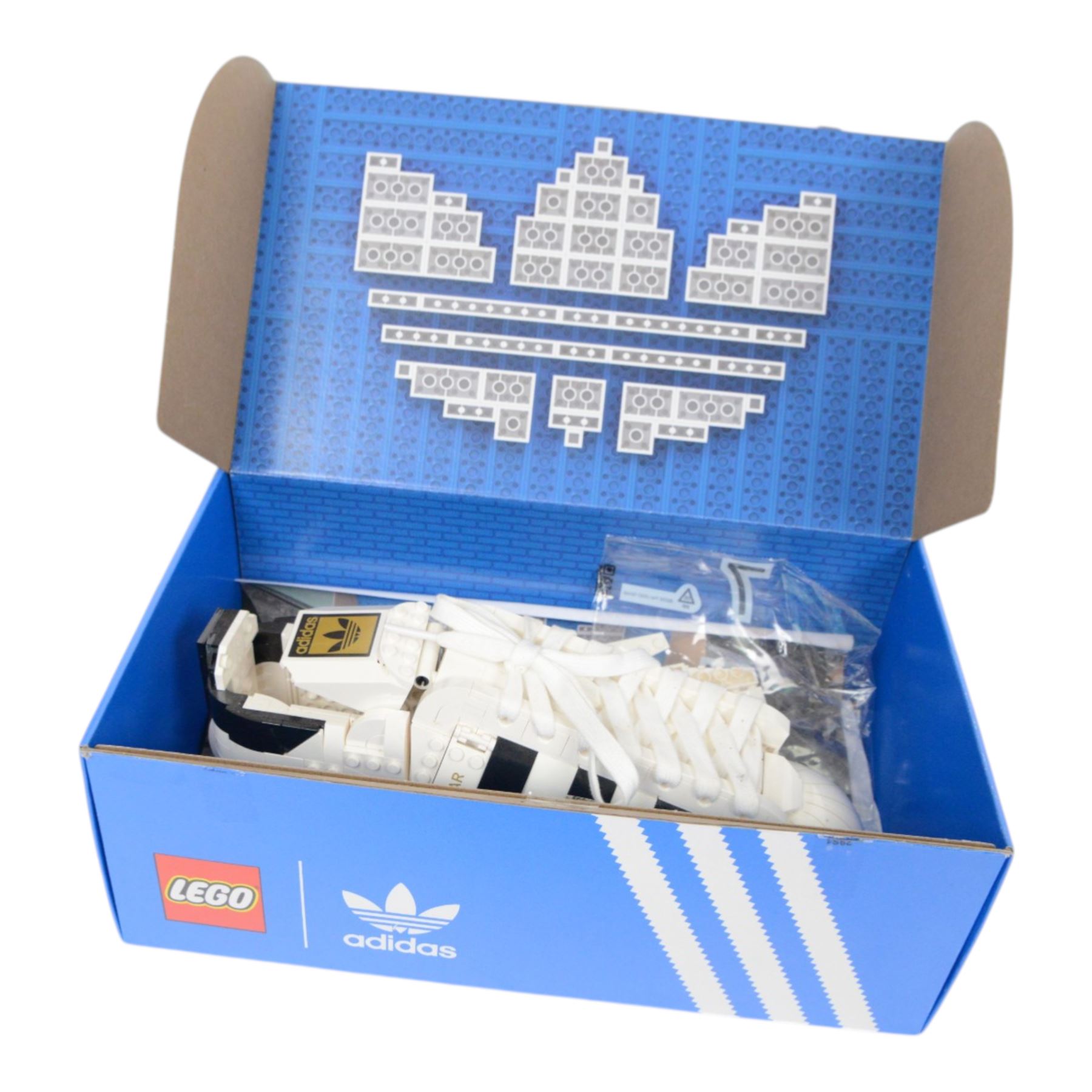 Lego Adidas Originals Superstar trainer, no. 10282, built with box and instructions