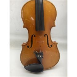 Four Chinese graduated violins - full size with 35.5cm two-piece back; three-quarter size with 33.5cm two-piece back; half size with 31cm two-piece back; and quarter size with 27.5cm two-piece back; all cased except full size; one with bow (4)