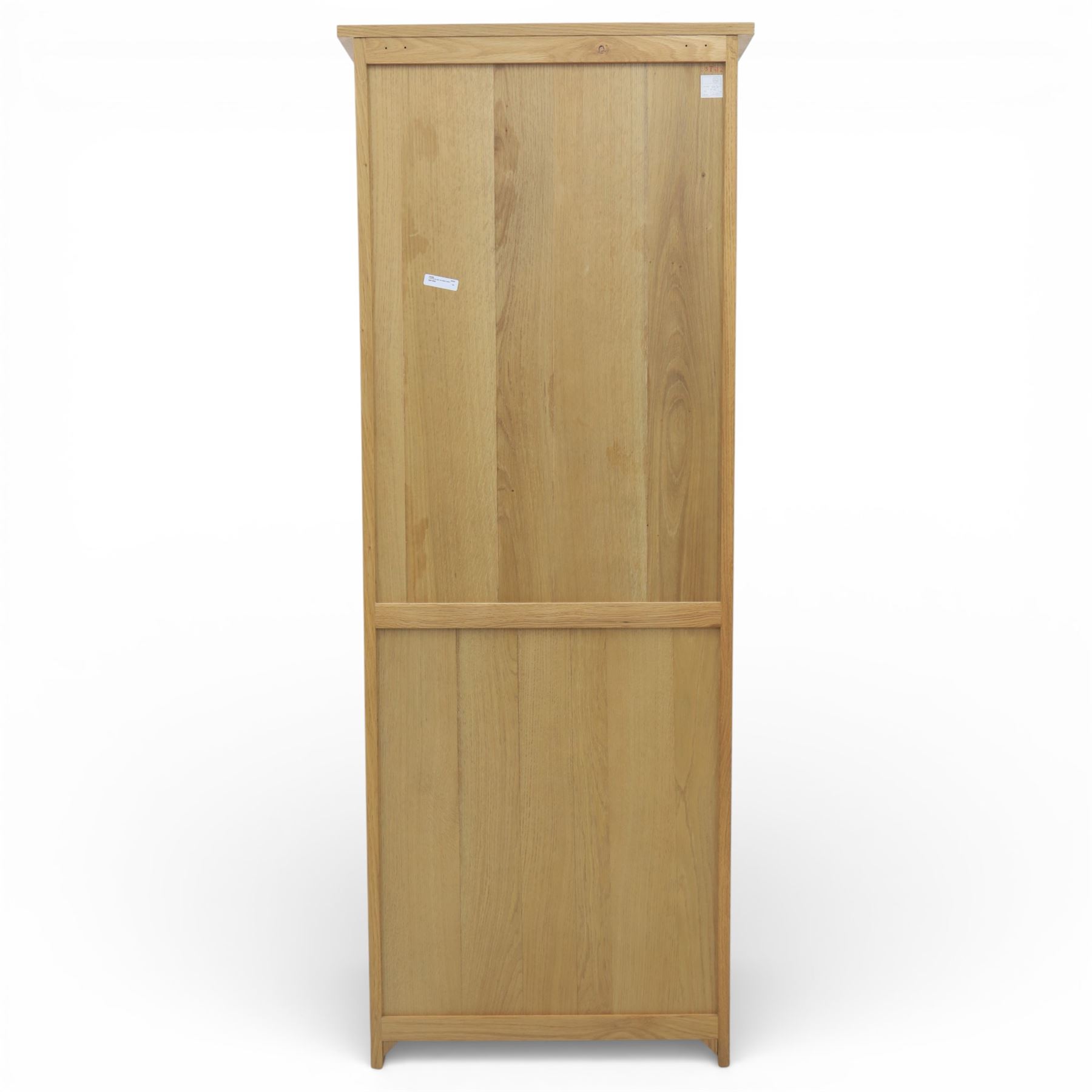 Contemporary light oak display cabinet, fitted with glazed door and glass sides, enclosing three adjustable glass shelves 