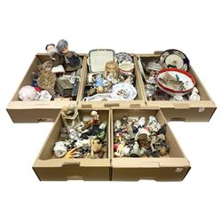Quantity of silver-plate, glassware and ceramics, animal figures, wood carved figures, costume jewellery etc in five boxes