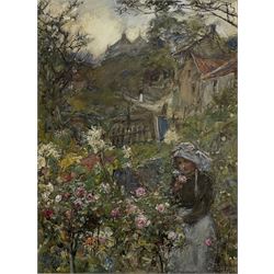 Rowland Henry Hill (Staithes Group 1873-1952): Girl Picking Roses in a Garden at Runswick Bay, watercolour and gouache signed and dated 1905, 38cm x 29cm
Provenance: private Yorkshire collection purchased Phillips Leeds 'Yorkshire' sale 4th Nov. 1992 Lot 33