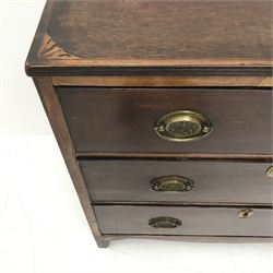 **19th century inlaid mahogany three drawer chest, rectangular top with satinwood banding and inlaid fan spandrels, three drawers, bracket feet, W76cm, H76cm, D44cm