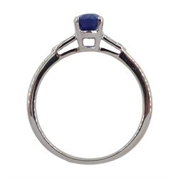 18ct white gold oval sapphire ring, with diamond set shoulders, hallmarked