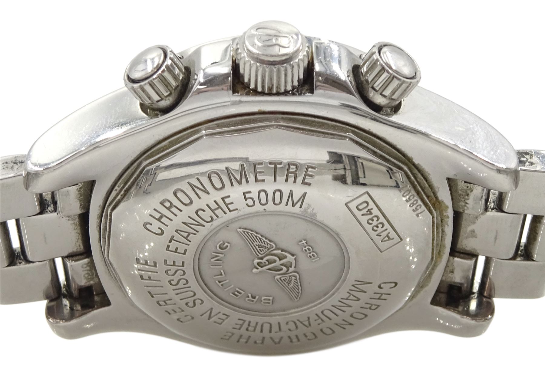 Breitling Superocean gentleman's stainless steel automatic chronograph wristwatch, Ref. A13340, blue dial with triple register recording hours, minutes and continuous seconds and date aperture, boxed with papers and additional links