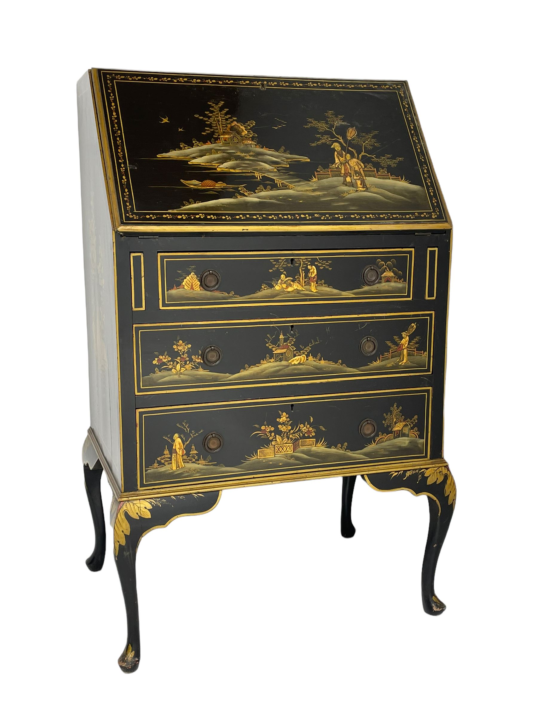 Early 20th century Chinoiserie lacquered bureau, raised gilt decoration, fall front enclosing divisions and drawer, three graduating long drawers, on cabriole supports