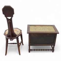 Early 20th-century carved hall chair with a floral needlework panel seat and an early 20th-century brass embossed log box, 102x45cm and 61x38x51cm (2)