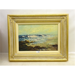  Robert Leslie Howey (British 1900-1981): 'Rough Seas Durham Coast', oil on panel signed and dated '70, 29cm x 42cm Provenance: with T B & R Jordan Stockton-on-Tees, label verso  DDS - Artist's resale rights may apply to this lot   