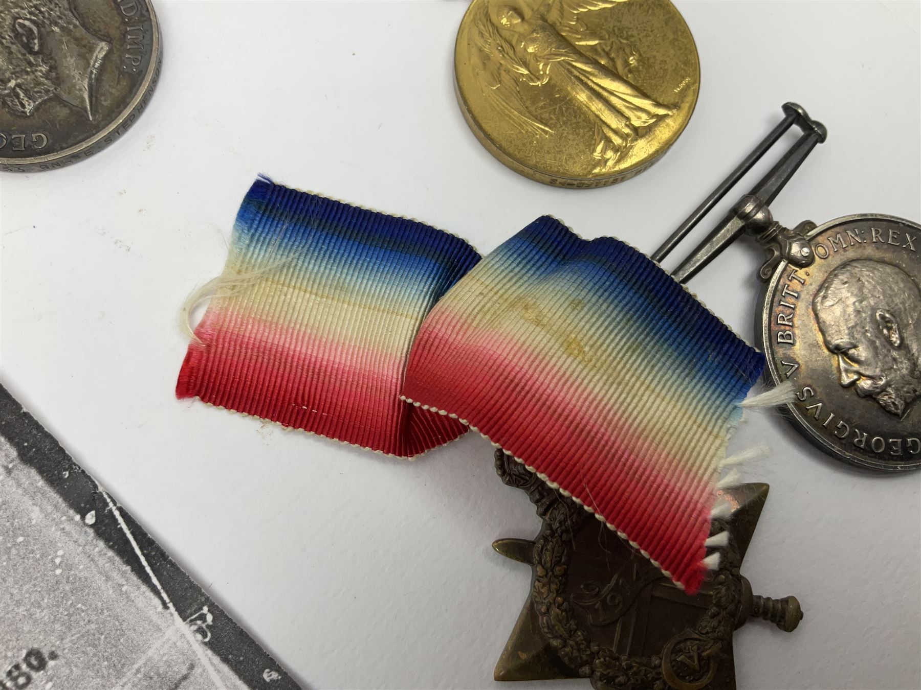 WW1 trio of medals comprising British War Medal, Victory Medal and 1914-15 Star awarded to S/4 091131 Pte. B.T. Day A.S.C.; and WW1 pair of medals comprising British War Medal and Victory Medal awarded to 240653 Gnr. E. Stephenson R.A.