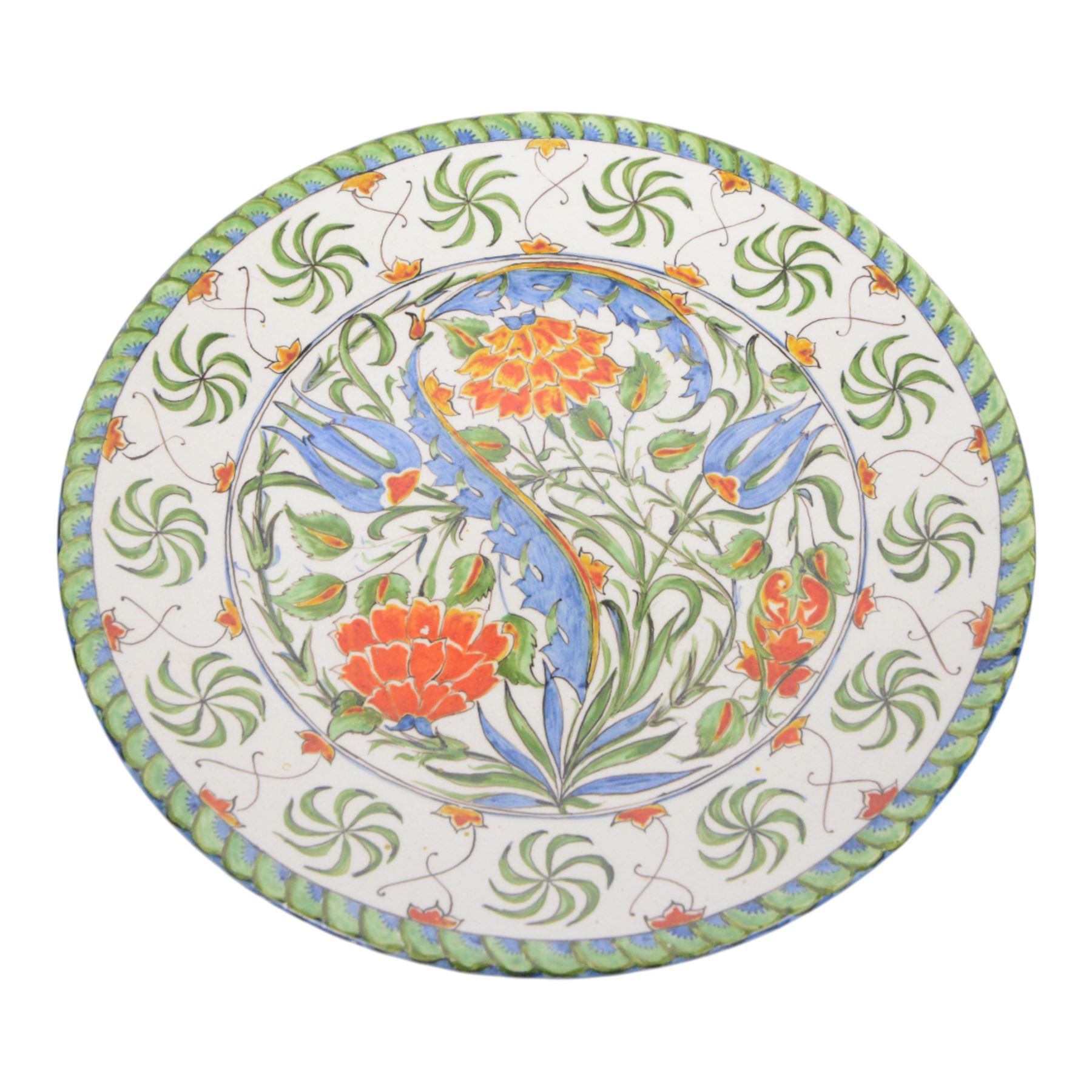 Iznik stlye plate, tin-glazed earthenware decorated with flowers and foliage, with impressed makers mark beneath, D25cm