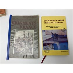 Collection of books, pamphlets and catalogues on guns and shooting including Colin Greenwood: Rook & Rabbit Rifle. 2006; Frank de Haas: Bolt Action Rifles. 1984 and Single Shot Rifles and Actions. 1969; Ian Skinnerton: .577 Snider-Enfield Rifles and Carbines. 2003 and two Small Arms Identification Series booklets; two Collectors Guides on Air Rifles by D.E. Hiller etc; and Bruce Bairnsfather Bystander's Fragments From France No.4