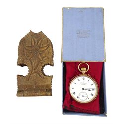 Early 20th century 9ct gold open face keyless lever 'The Bank' pocket watch by J.W.Benson, London, No. 5853, white enamel dial with Roman numerals and subsidiary seconds dial, London 1924, with original box and wooden stand