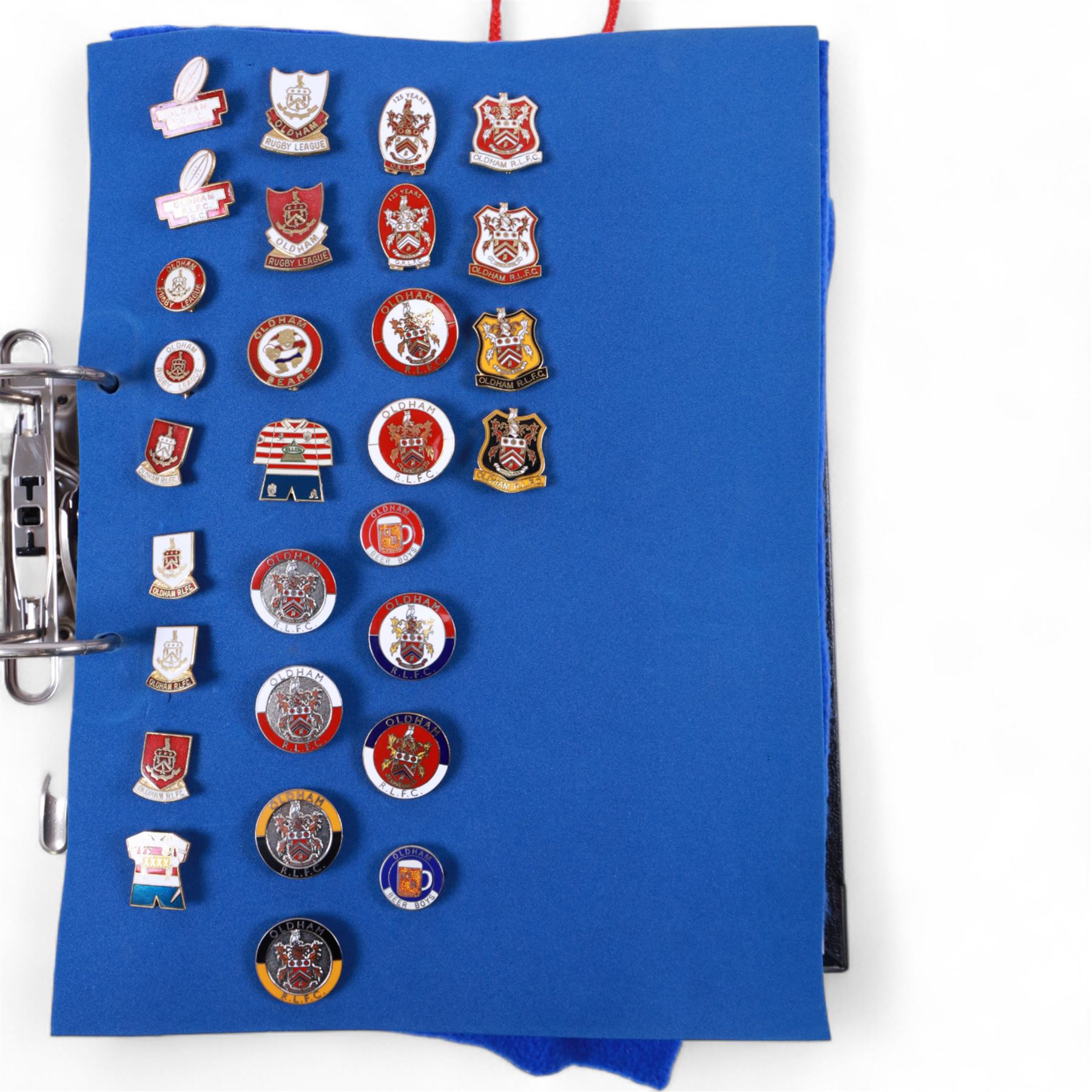 Rugby league enamel badge collection, from Oldham, Rochdale Hornets, St Helens, Salford, Sheffield Eagles, Huddersfield Giants, Hull FC, Hunslet and Keighley Cougars, housed in two folders, (approximately 330)