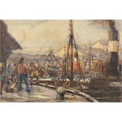 William J Mann (Scarborough mid 20th Century): Steam Trawlers by the Fish Quay Scarborough...