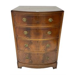 Early to mid-20th century mahogany bow-front chest, fitted with four drawers with oval pierced and pressed handle plates with loop handles, on bracketed plinth base