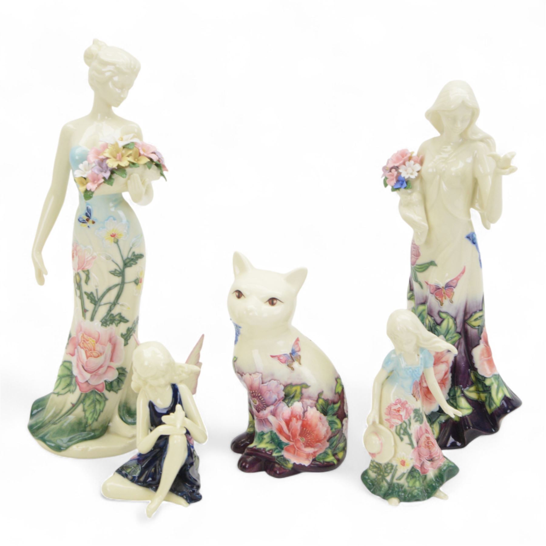 Five Old Tupton Ware figures, comprising two female figures with floral dresses, young girl, fairy and cat, all boxed, tallest H32cm