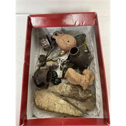 Seven Wade Whimsies, leather falcon hood, three novelty bottle corks, pair of EPNS open salts and other collectables