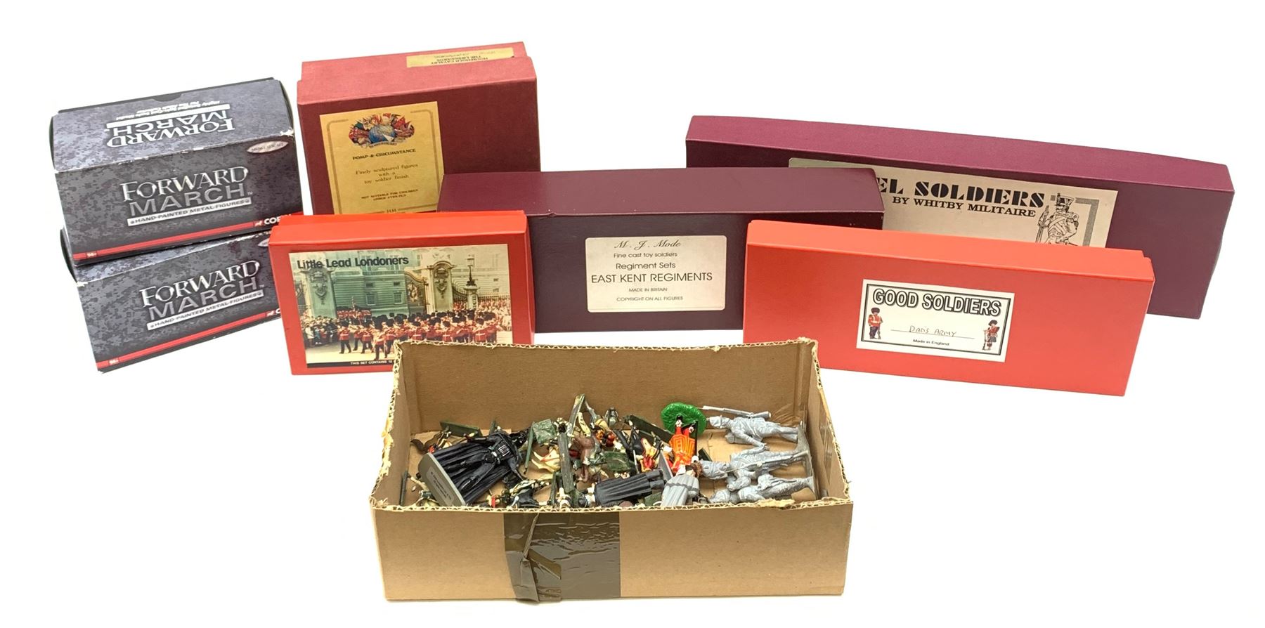 Various makers metal figures including M.J. Mode East Kent Regiment; Whitby Militaire Swiss Guards; HM Household Cavalry The Lifeguards Standard Bearer; Little Lead Londoners Coldstream Guards Band; Good Soldiers Dad's Army; and two Corgi Forward March figures; all mint and boxed; and a quantity of unboxed figures including Sherlock Holmes & Dr. Watson, Darth Vader etc