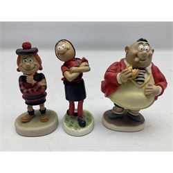 Eleven Robert Harrop figures from the Beano Dandy collection, comprising One Man & His Dawg BDS08, Picnic Desperate Dan BDS04, Fatty BD07, Desperate Dan BD03, Roger the Dodger BD20, Dennis the Menace BD01, Beryl the Peril BD05, Minnie the Minx BD04, Surfing BP03, two Spotty BD16, together with a Genuine Beano Ware lidded box (12)