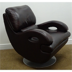  Modern brown leather upholstered swivel chair, shaped arms on chrome base, H95cm, D98cm, W83cm  