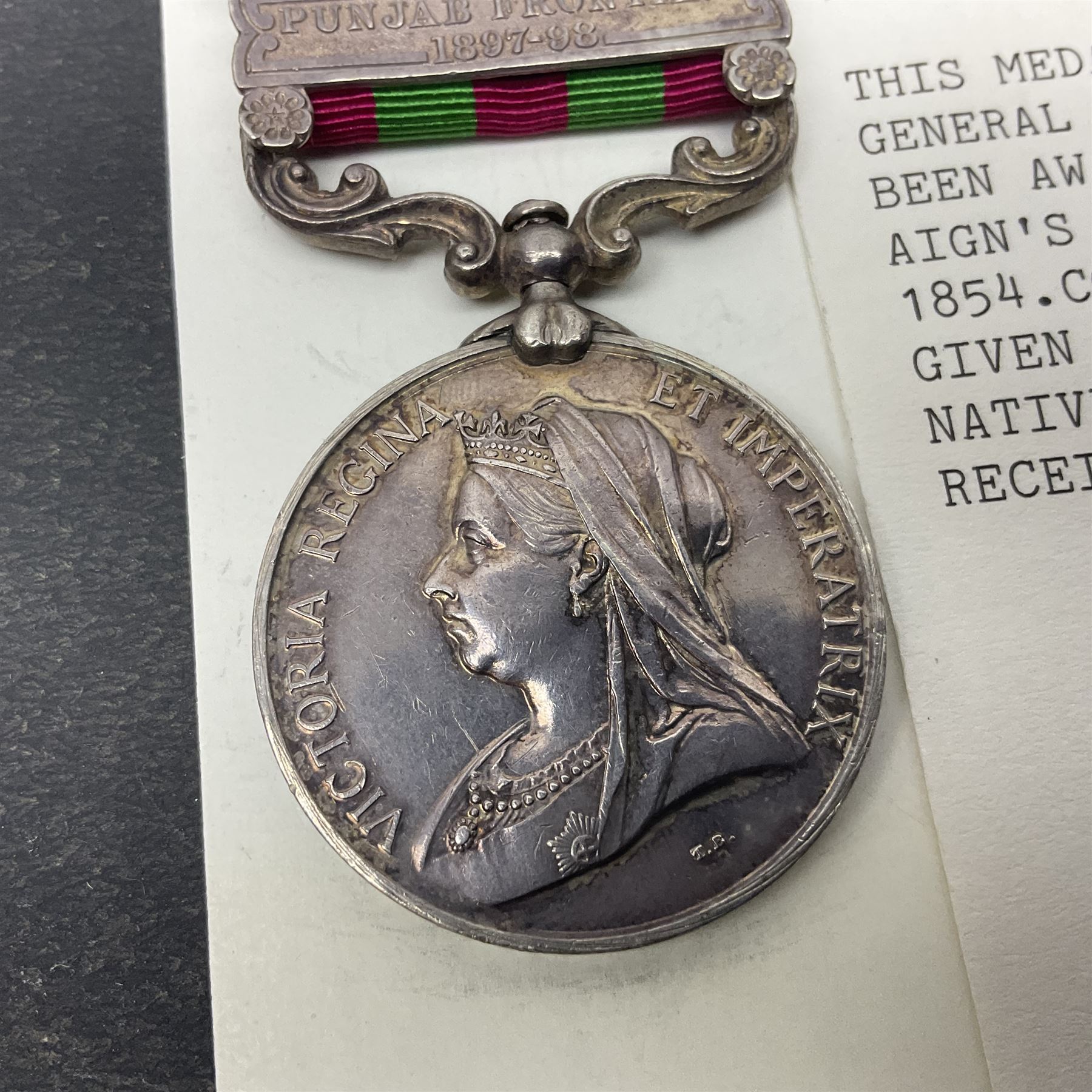 Victoria India Medal with Tirah 1897-98 and Punjab Frontier 1897-98 clasps awarded to 367H Pte. W. Simonds 1/Duke of Cornwall's Light Infantry; with ribbon