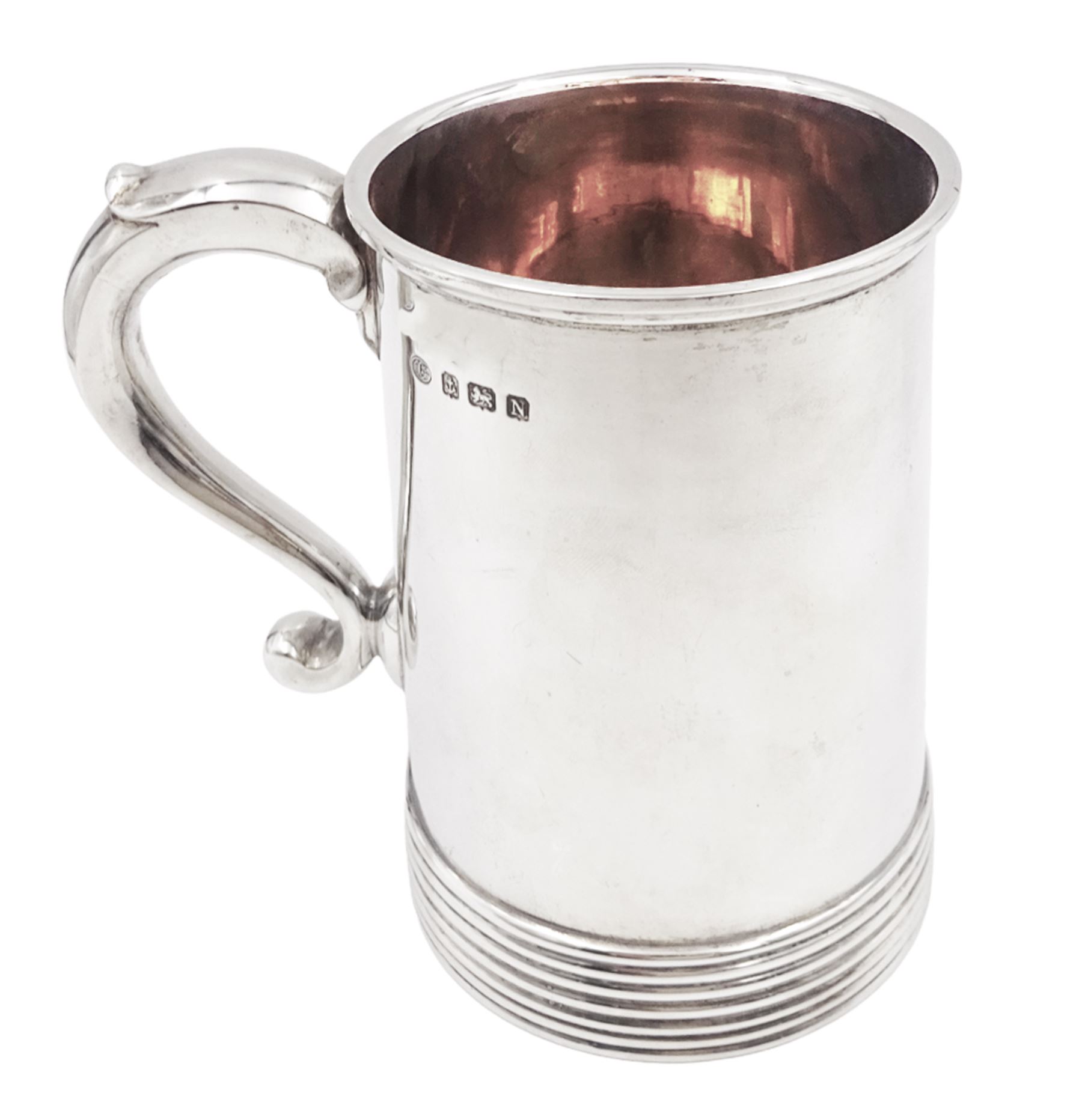 1930's silver tankard, of plain tapering form, with banded base and C scroll handle, hallmarked Alexander Clark & Co Ltd, Birmingham 1937, approximate total weight 14.86 ozt (462.4 grams)