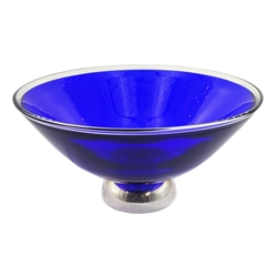 Hallmarked silver mounted blue glass pedestal bowl boxed 21cm diameter, boxed
