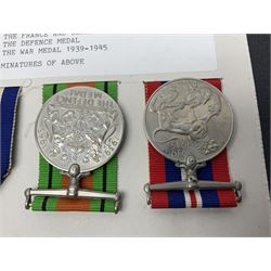 Representative display of WWII Campaign Stars and Medals comprising Burma Star, Italy Star, France & Germany Star, Defence Medal and War Medal 1939-1945; together with the corresponding group of miniatures; all with ribbons