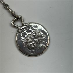 Victorian and later silver chatelaine, the shaped and foliate pierced clasp with embossed oval panel of a courting couple, hallmarked Levi & Salaman, Birmingham 1899, supporting six accessories on five chains: a circular mirror embossed with putti, hallmarked Henry Matthews, Birmingham 1911, pencil holder engraved with foliate scrolls, hallmarked Francis Webb, Birmingham 1914, conical scent bottle decorated with bamboo, (unmarked but testing as silver), aide memoire embossed with putti, hallmarked Samuel M Levi, Birmingham 1911, tape measure of compressed spherical form, hallmarked Henry Matthews, Birmingham 1899, and a purse with embossed putti, hallmarked Birmingham 1909, makers mark worn and indistinct, at longest point L31cm

