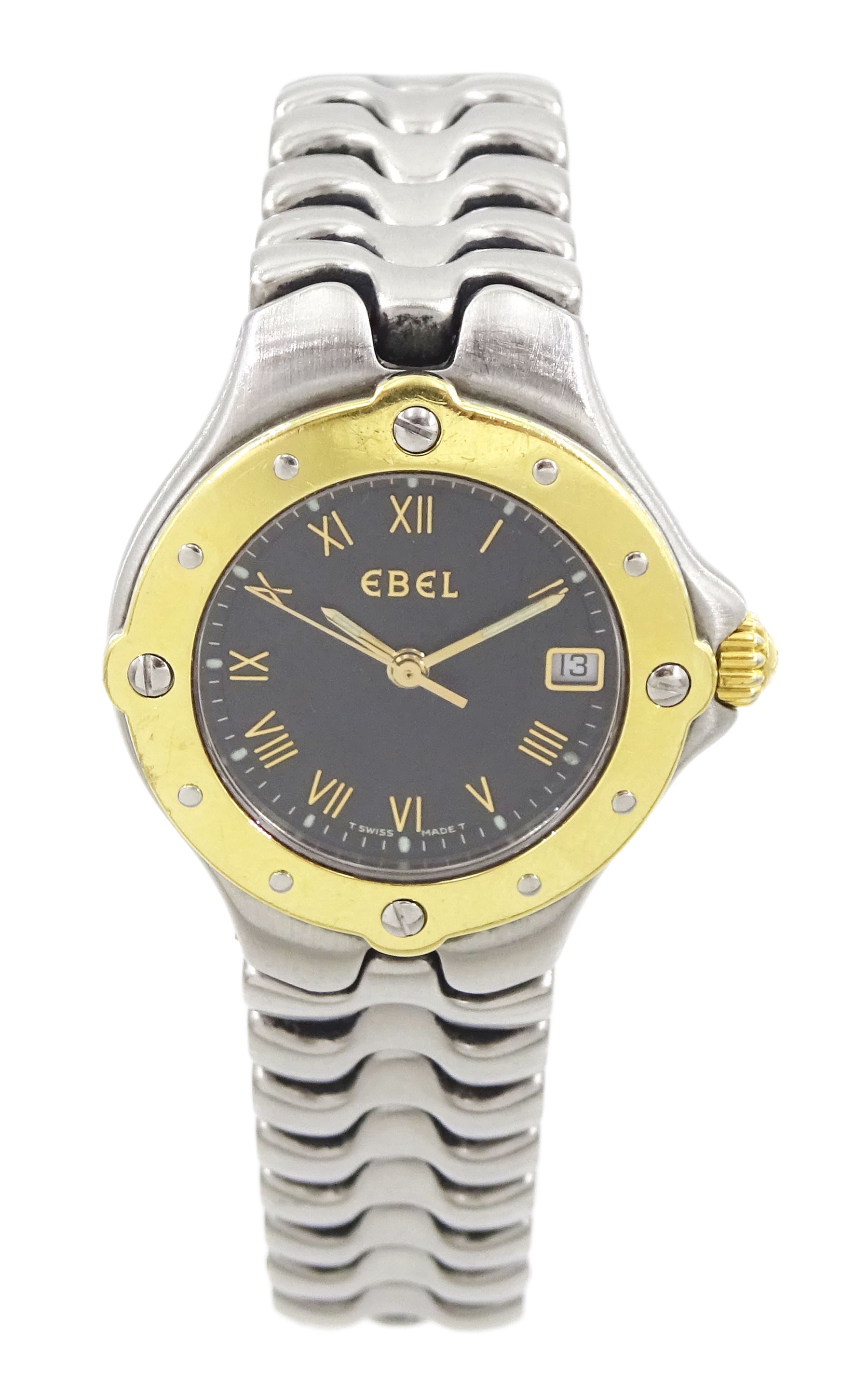 Ebel Sportwave ladies stainless steel quartz wristwatch, Ref. E6087621, grey / brown dial with Roman numeral hour markers and date aperture, gold bezel, boxed with warranty card dated 1997